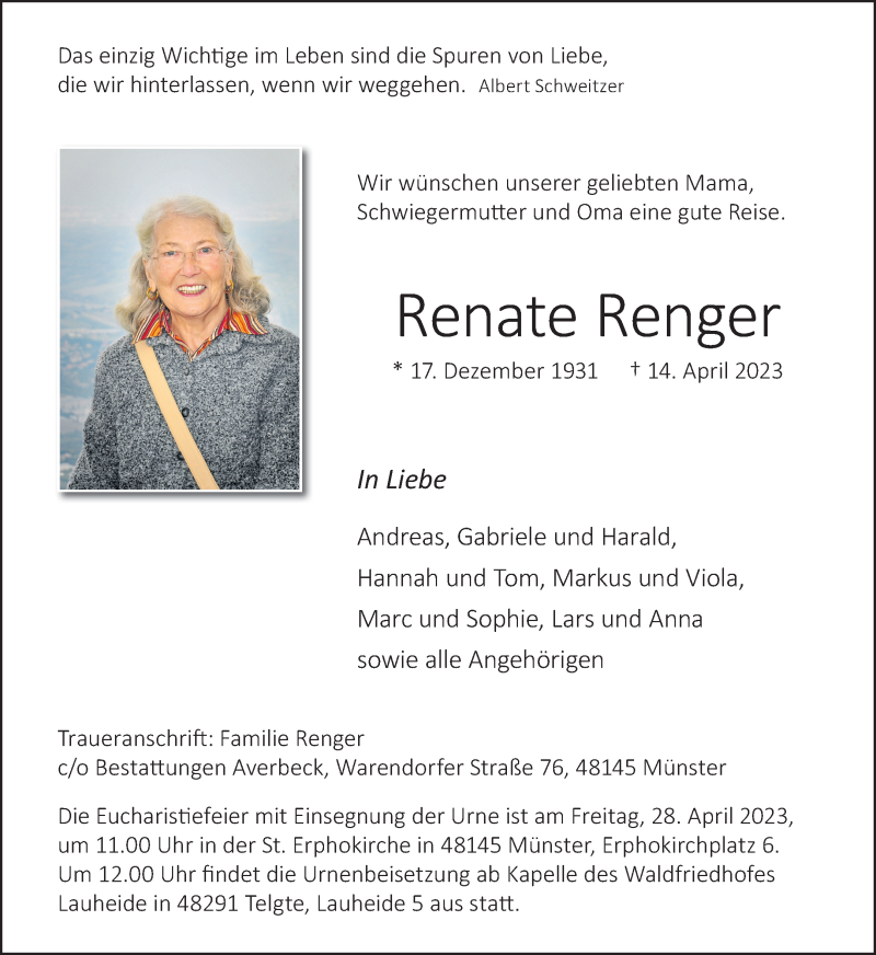  Traueranzeige für Renate Renger vom 22.04.2023 aus 
