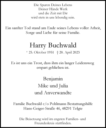 Anzeige von Harry Buchwald 