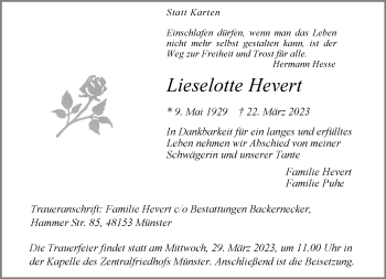 Anzeige von Lieselotte Hevert 