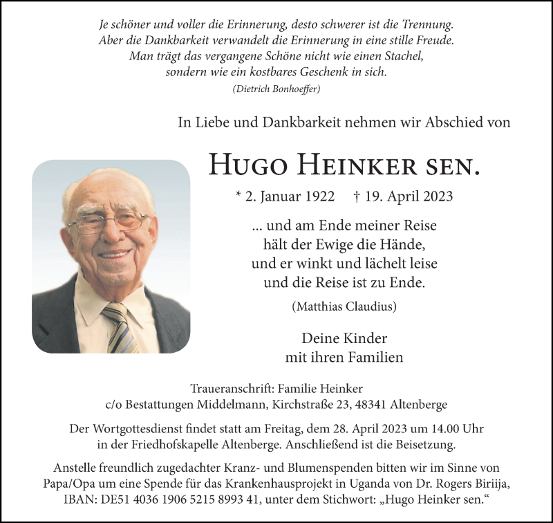  Traueranzeige für Hugo Heinker Sen. vom 22.04.2023 aus 