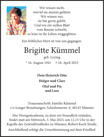 Anzeige von Brigitte Kümmel 