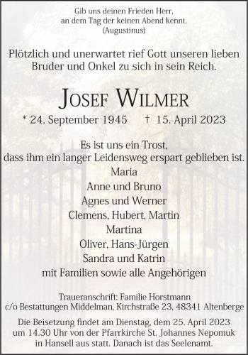 Anzeige von Josef Wilmer 