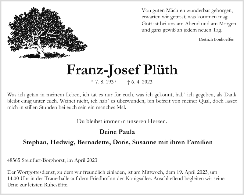  Traueranzeige für Franz-Josef Plüth vom 15.04.2023 aus 