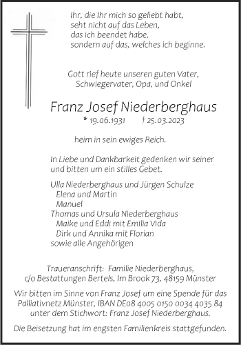 Anzeige von Franz Josef Niederberghaus 
