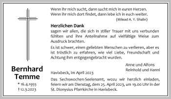 Anzeige von Bernhard Temme 