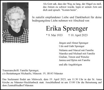 Anzeige von Erika Sprenger 