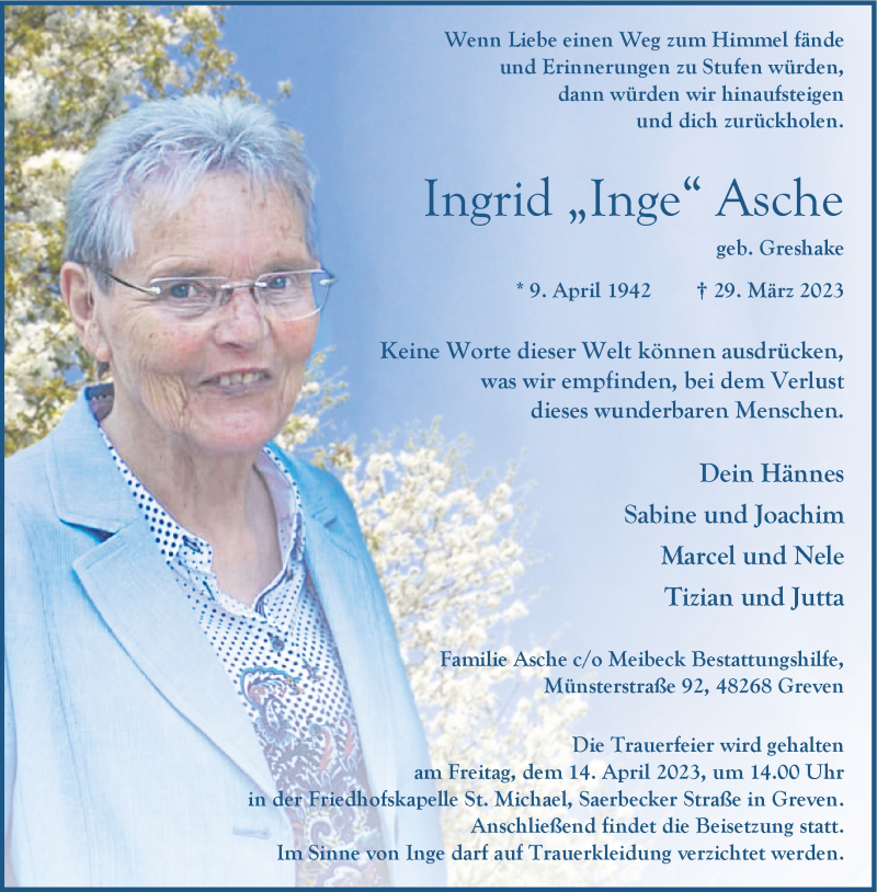  Traueranzeige für Ingrid Asche vom 07.04.2023 aus 