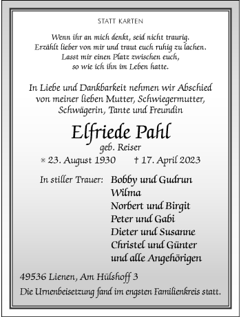 Anzeige von Elfriede Pahl 