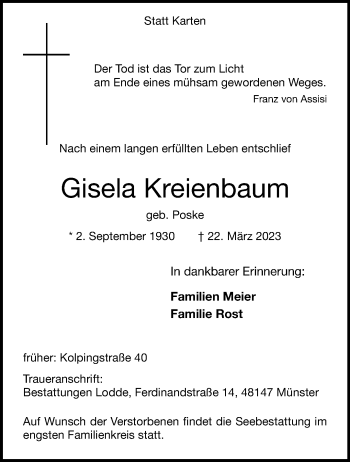 Anzeige von Gisela Kreienbaum 
