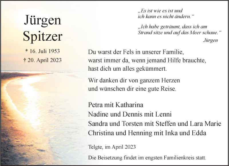  Traueranzeige für Jürgen Spitzer vom 29.04.2023 aus 