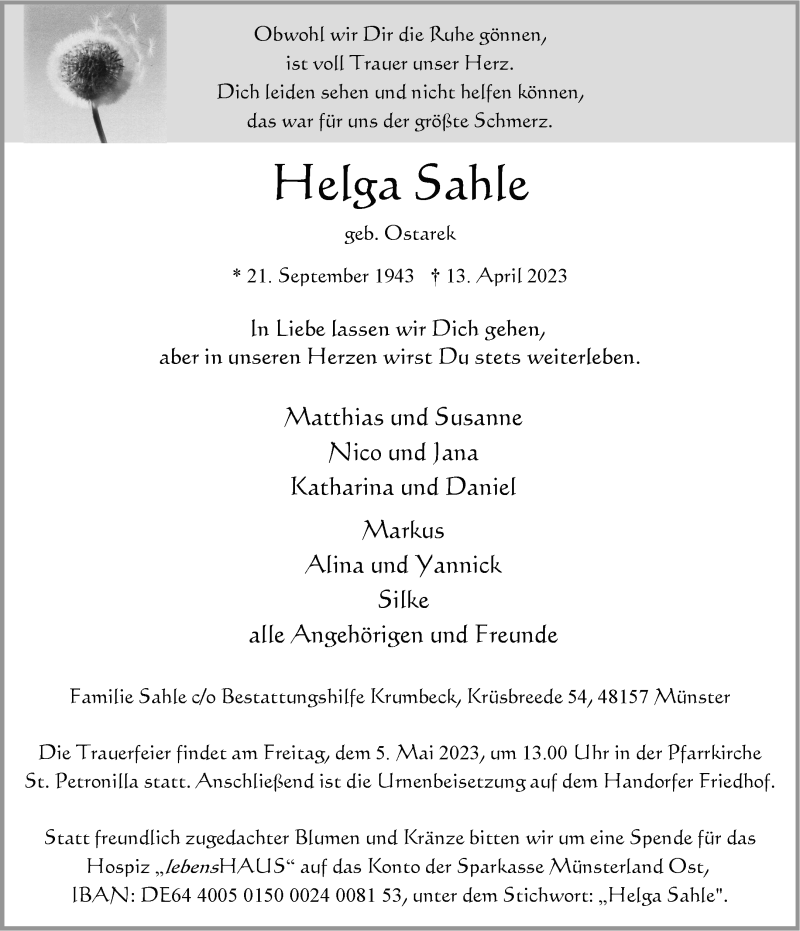  Traueranzeige für Helga Sahle vom 29.04.2023 aus 