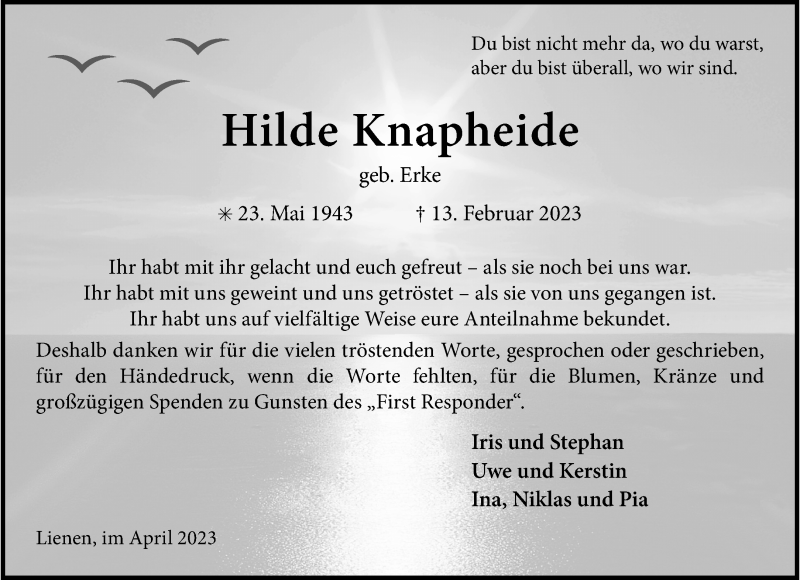  Traueranzeige für Hilde Knapheide vom 15.04.2023 aus 