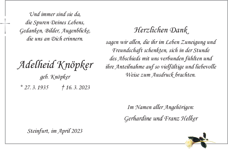  Traueranzeige für Adelheid Knöpker vom 25.04.2023 aus 