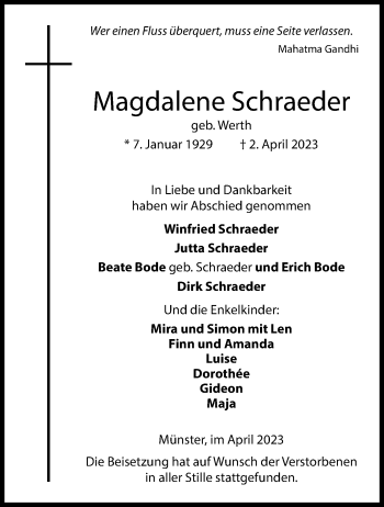 Anzeige von Magdalene Schraeder 