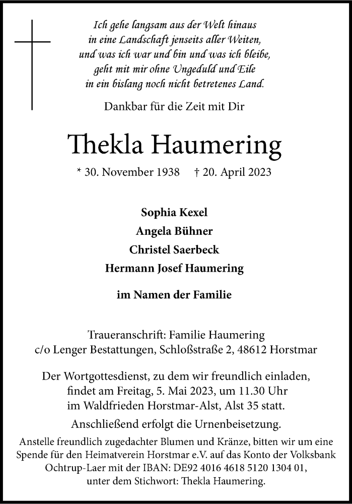  Traueranzeige für Thekla Haumering vom 29.04.2023 aus 