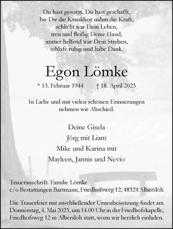 Anzeige von Egon Lömke 