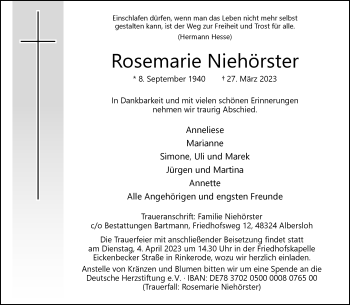 Anzeige von Rosemarie Niehörster 