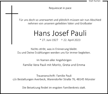 Anzeige von Hans Josef Pauli 