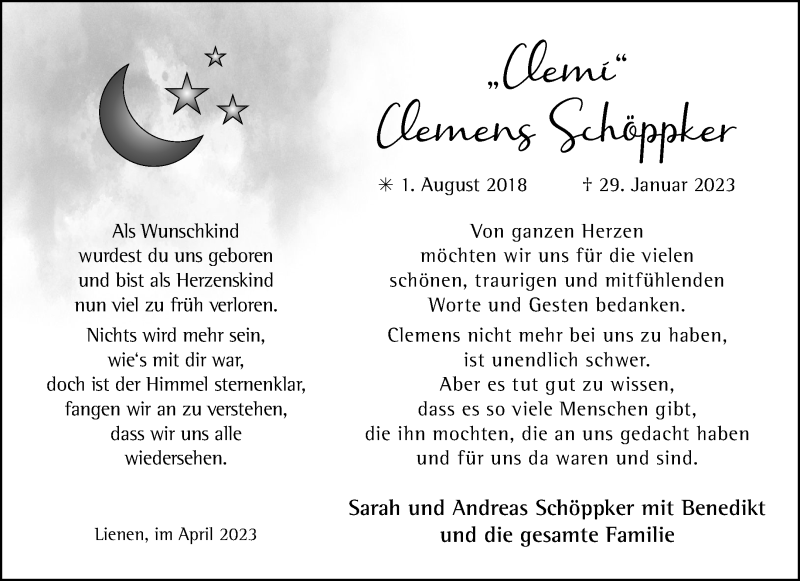  Traueranzeige für Clemens Schöppker vom 01.04.2023 aus 