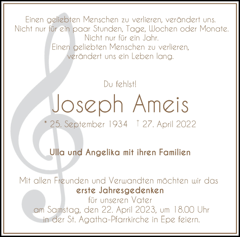  Traueranzeige für Joseph Ameis vom 15.04.2023 aus 