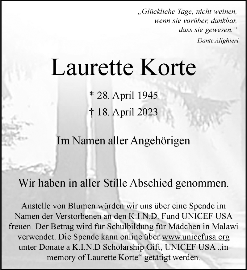  Traueranzeige für Laurette Korte vom 26.04.2023 aus 