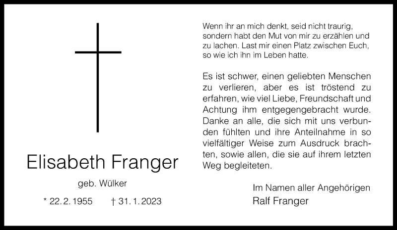 Traueranzeige für Elisabeth Franger vom 01.04.2023 aus 