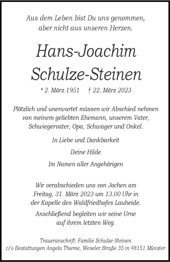  Traueranzeige für Hans-Joachim Schulze-Steinen vom 25.03.2023 aus 