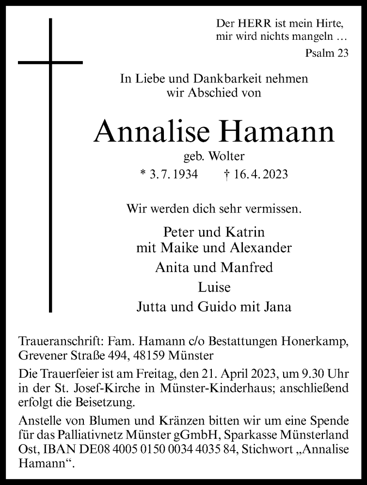  Traueranzeige für Annalise Hamann vom 19.04.2023 aus 