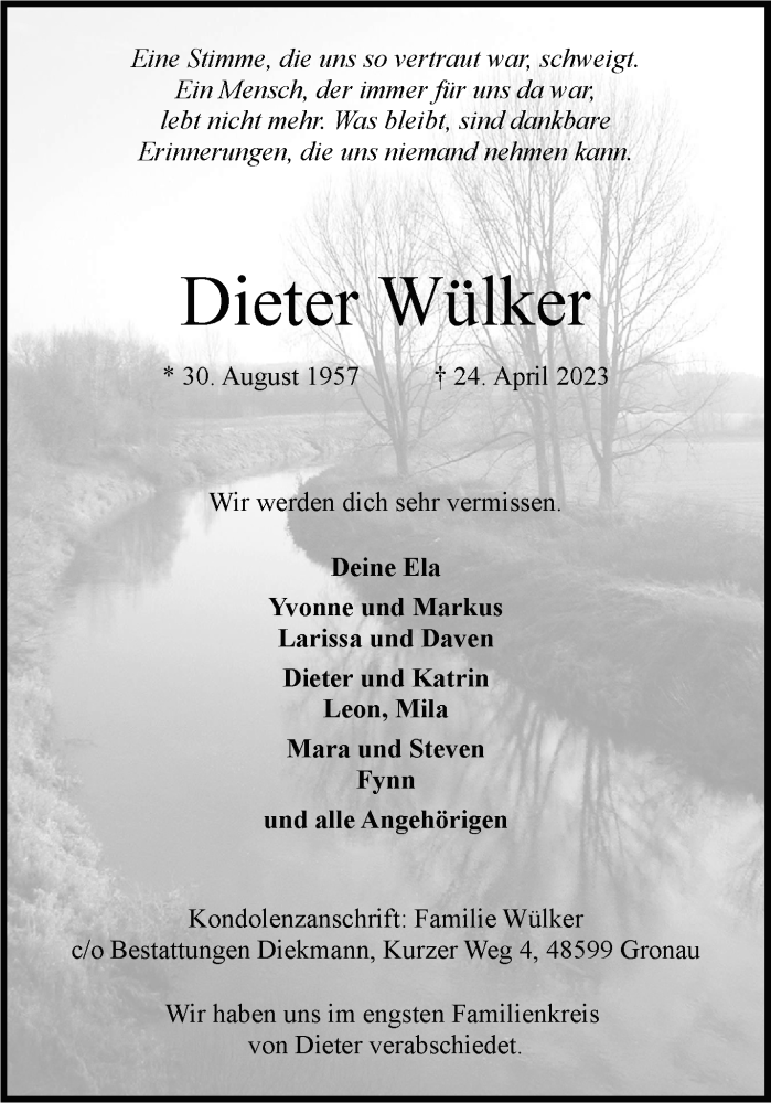  Traueranzeige für Dieter Wülker vom 29.04.2023 aus 