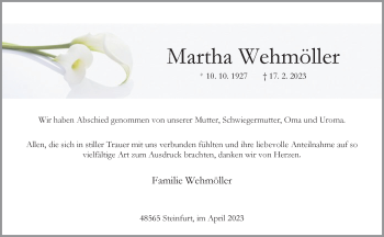 Anzeige von Martha Wehmöller 