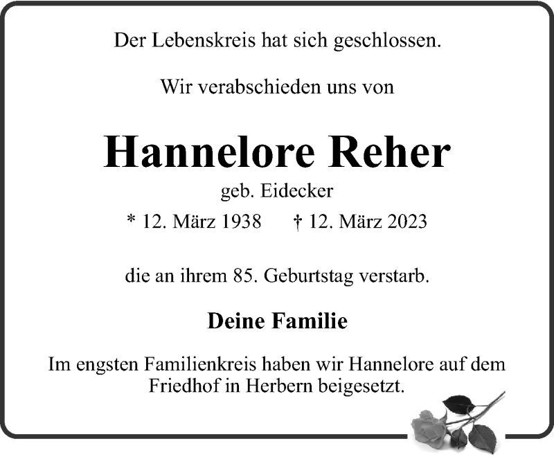  Traueranzeige für Hannelore Reher vom 15.04.2023 aus 