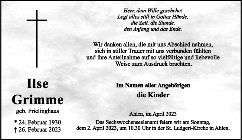 Traueranzeige für Ilse Grimme vom 29.03.2023 aus 