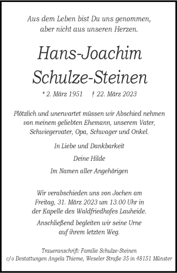 Anzeige von Hans-Joachim Schulze-Steinen 