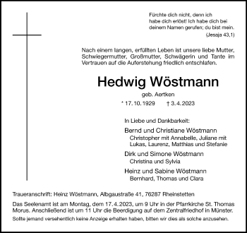 Anzeige von Hedwig Wöstmann 