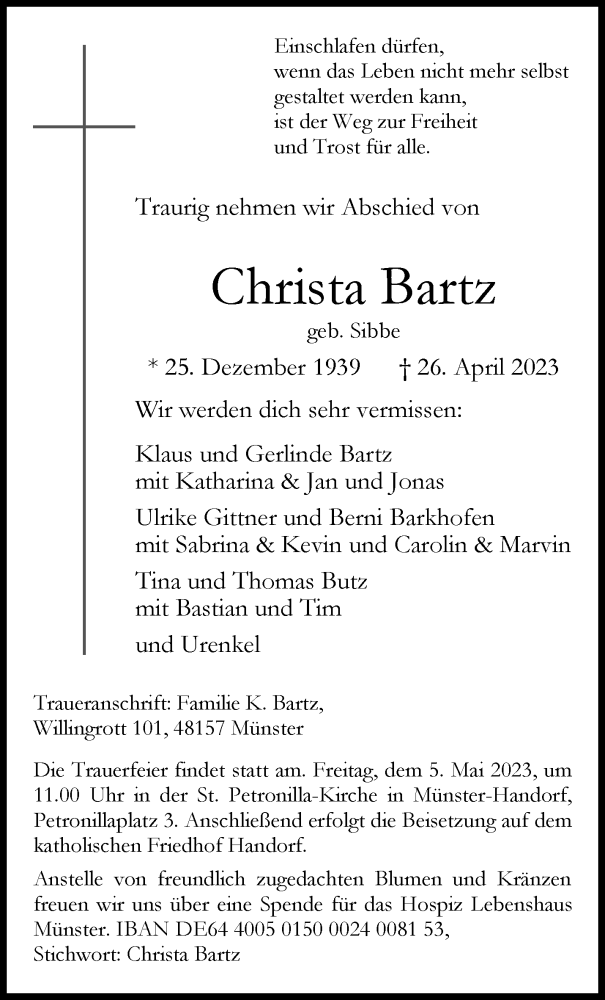  Traueranzeige für Christa Bartz vom 29.04.2023 aus 