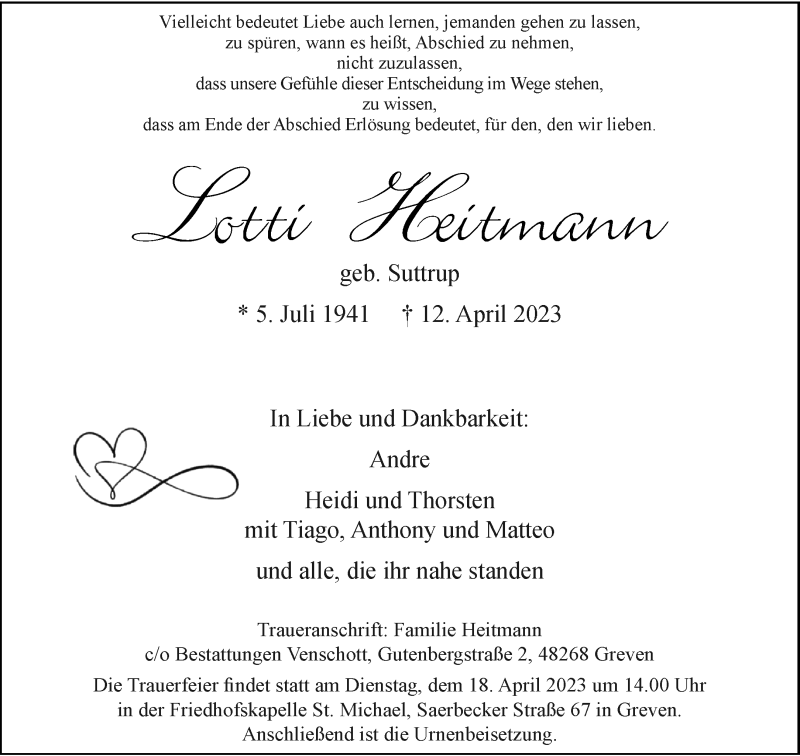  Traueranzeige für Lotti Heitmann vom 15.04.2023 aus 