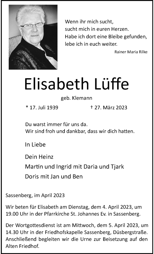  Traueranzeige für Elisabeth Lüffe vom 01.04.2023 aus 