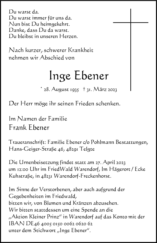  Traueranzeige für Inge Ebener vom 22.04.2023 aus 