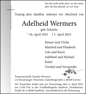 Anzeige von Adelheid Wermers 