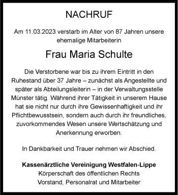Anzeige von Maria Schulte 