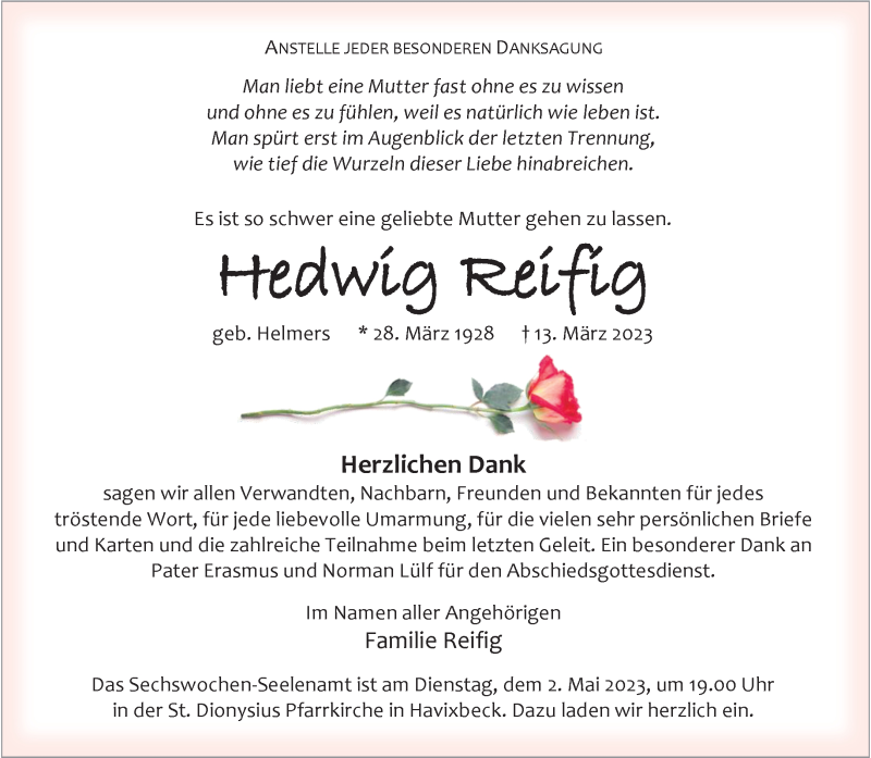  Traueranzeige für Hedwig Reifig vom 26.04.2023 aus 