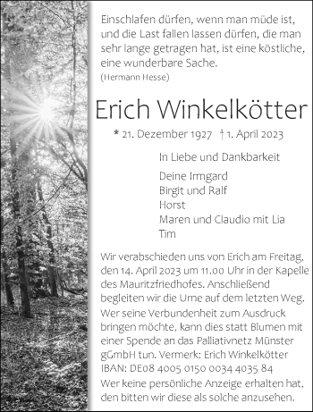 Anzeige von Erich Winkelkötter 