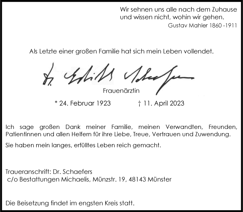  Traueranzeige für Edith Schaefers vom 22.04.2023 aus 