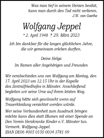 Anzeige von Wolfgang Jeppel 