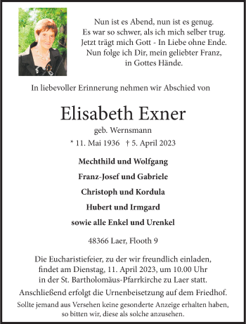 Anzeige von Elisabeth Exner 