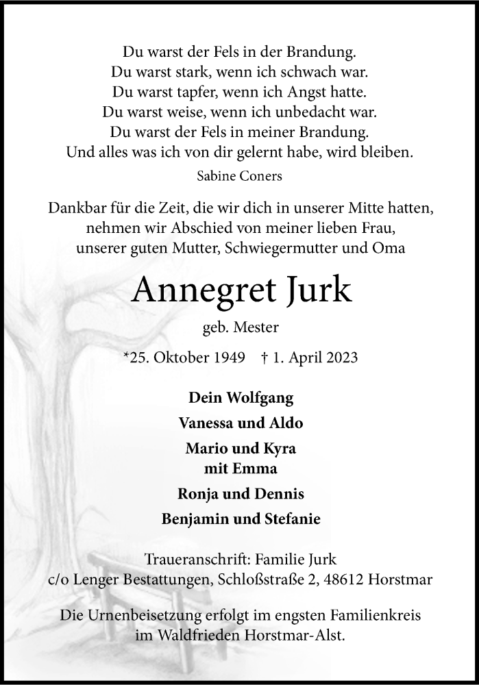  Traueranzeige für Annegret Jurk vom 06.04.2023 aus 