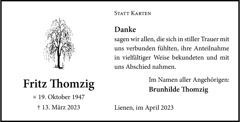 Traueranzeige für Fritz Thomzig vom 29.04.2023 aus 