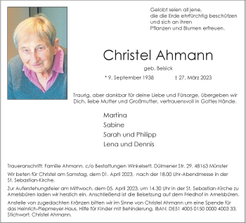 Anzeige von Christel Ahmann 