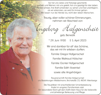 Anzeige von Ingeborg Hafgenscheit * 