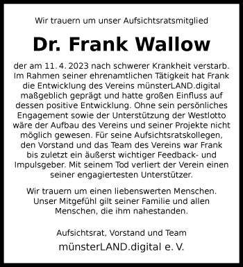 Anzeige von Dr. Frank Wallow 